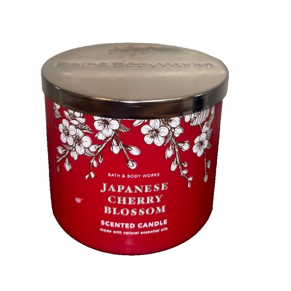 Bath Body Works Japanese Cherry Blossom 3 Wick Scented Candle 14.5 Oz Red Jar
